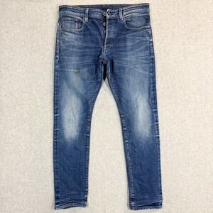 G-Star Raw Jeans Men 36x32 Blue 3301 Tapered Leg Denim Moto Biker Faded Whiskers